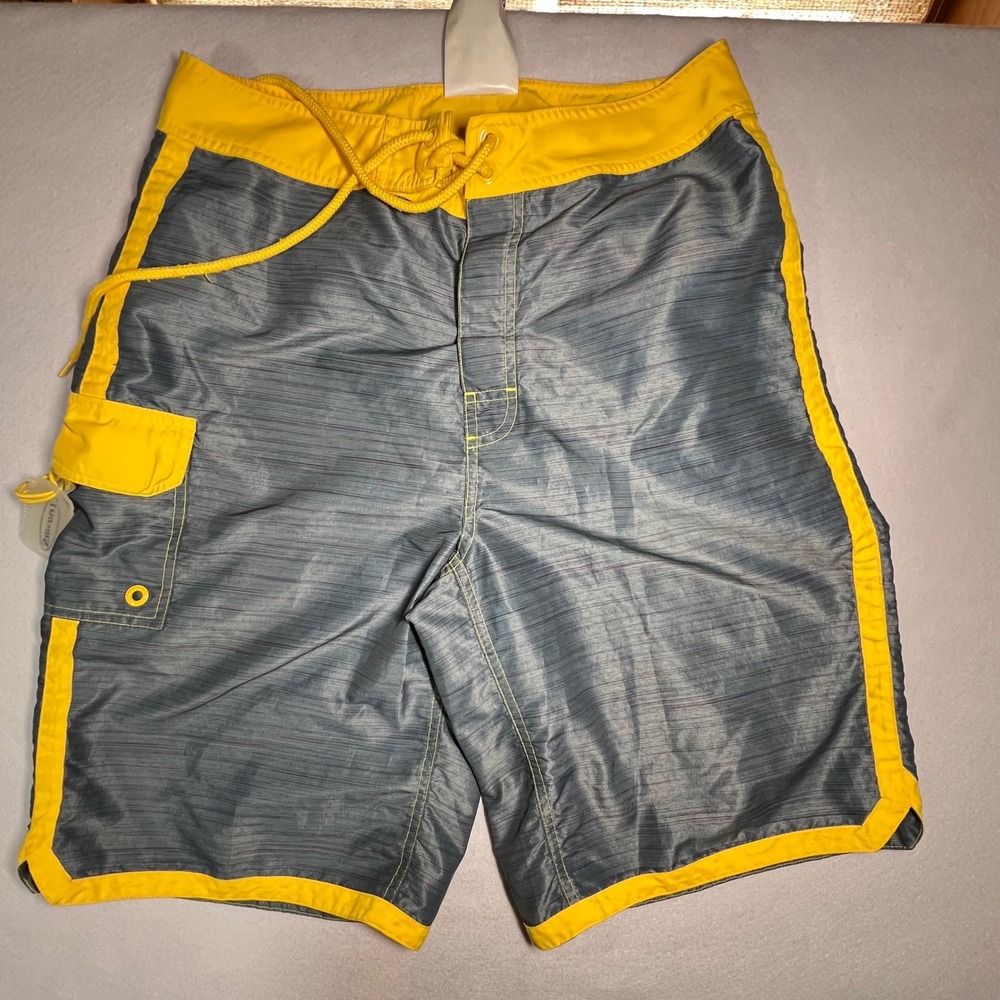 Sideout Mens Board Shorts Grey Yellow Trim Surf Swim Trunks Size 30 Wax Comb